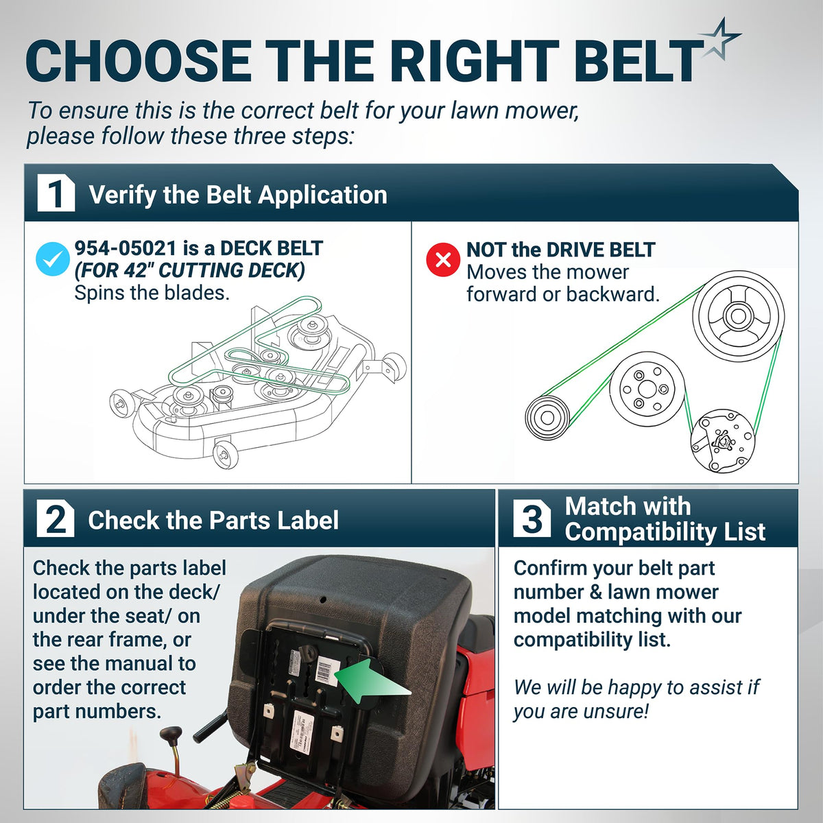 Instructional guide for identifying the correct 954-05021 mower deck belt for lawn tractors.