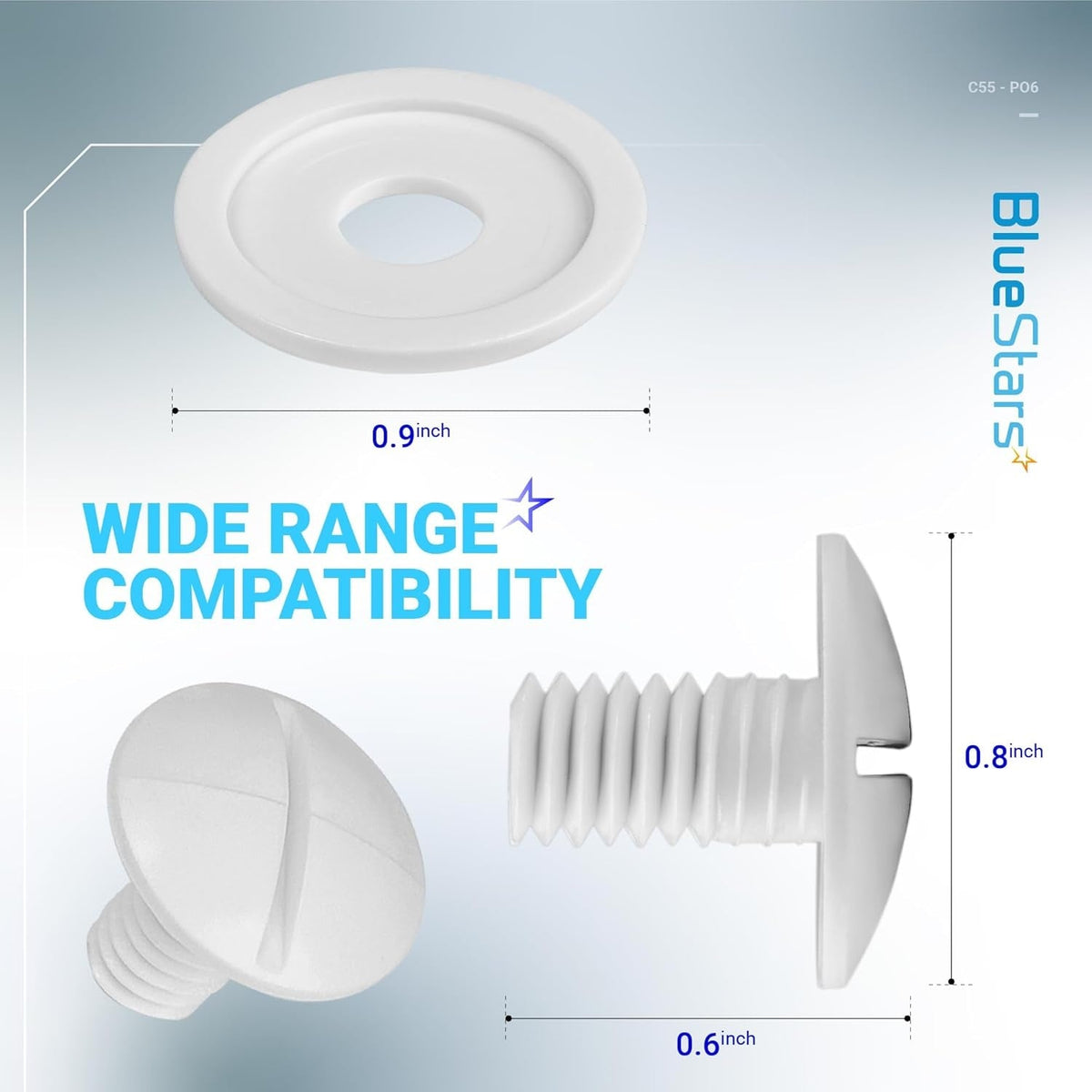 C-55 pool cleaner wheel screw and C-64 washer replacement parts with dimensions shown.