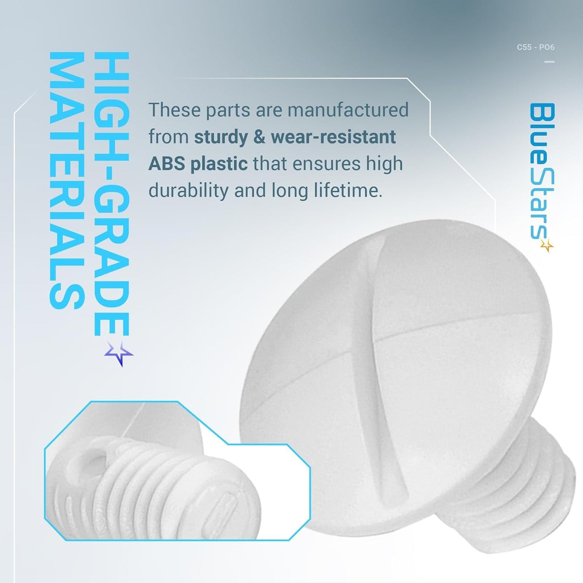 Close-up of white C-55 pool cleaner wheel screw replacement part for Polaris 180/280 models.