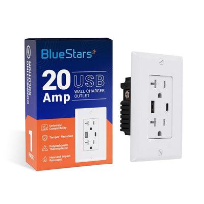 BlueStars 20 Amp USB wall charger outlet with retail packaging box.