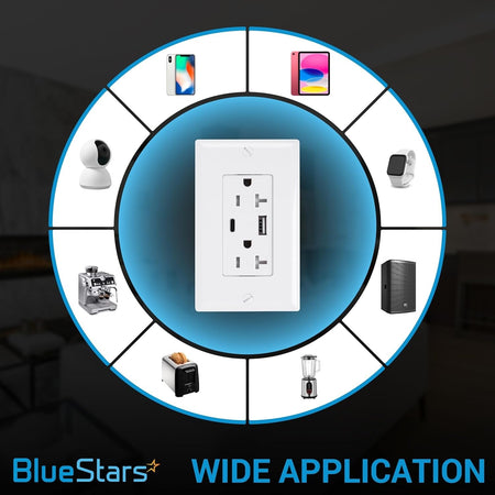 20 Amp USB wall charger outlet showing compatibility with various household electronics and appliances.