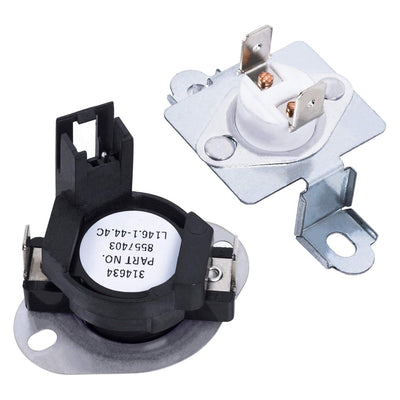 Dryer thermal cut-off kit including thermostat and thermal fuse for Whirlpool, Kenmore, and Maytag dryers.