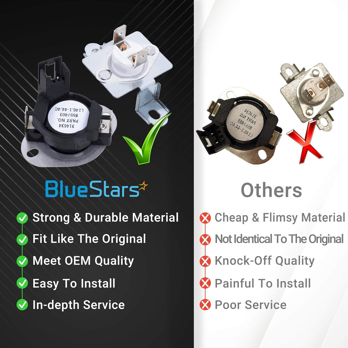 Comparison chart showing BlueStars dryer thermal cut-off kit components versus generic alternatives.