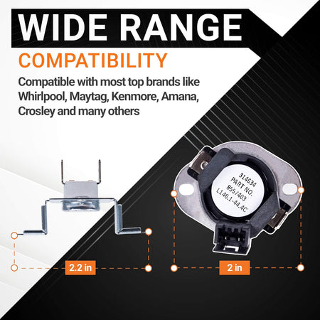 Dryer thermal cut-off kit components showing dimensions for Whirlpool, Kenmore, and Maytag dryer compatibility.