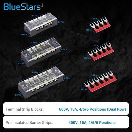 Dimensional diagram of 4, 5, and 6 position terminal strip blocks with matching red pre-insulated barrier strips.