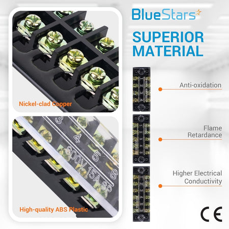 Infographic showing 4, 5, and 6 position terminal strip blocks with nickel-clad copper and ABS plastic details.
