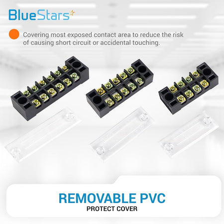 Three terminal strip blocks with removable clear PVC protective covers for 600V 15A electrical connections.