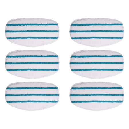 Set of six white and blue striped replacement steam mop pads for PurSteam ThermaPro 10-in-1 mops.