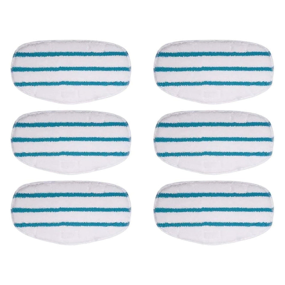 Set of six white and blue striped replacement steam mop pads for PurSteam ThermaPro 10-in-1 mops.