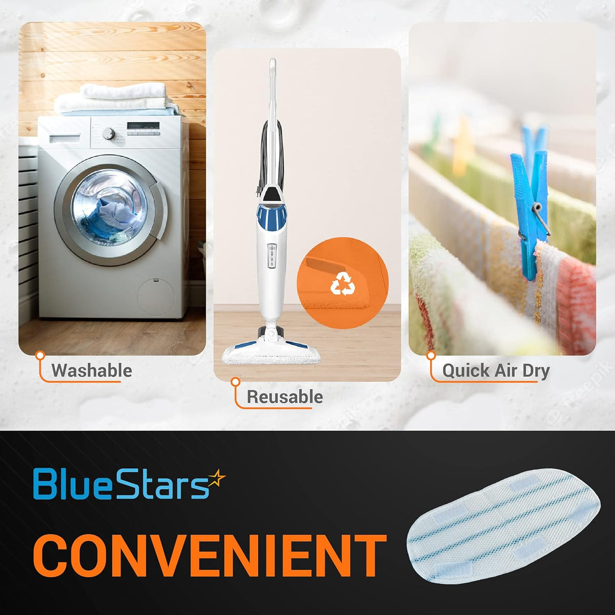 Infographic showing washable and reusable replacement steam mop pads compatible with PurSteam ThermaPro 10-in-1 mop.
