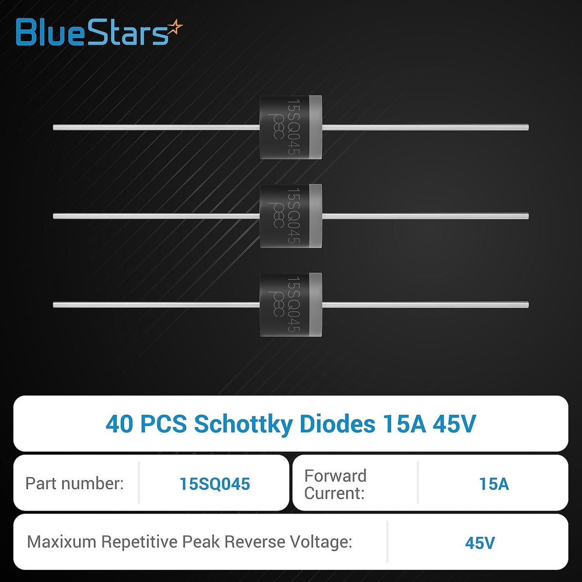 Three 15SQ045 Schottky barrier rectifier diodes with 15A 45V specifications shown in a product information graphic.