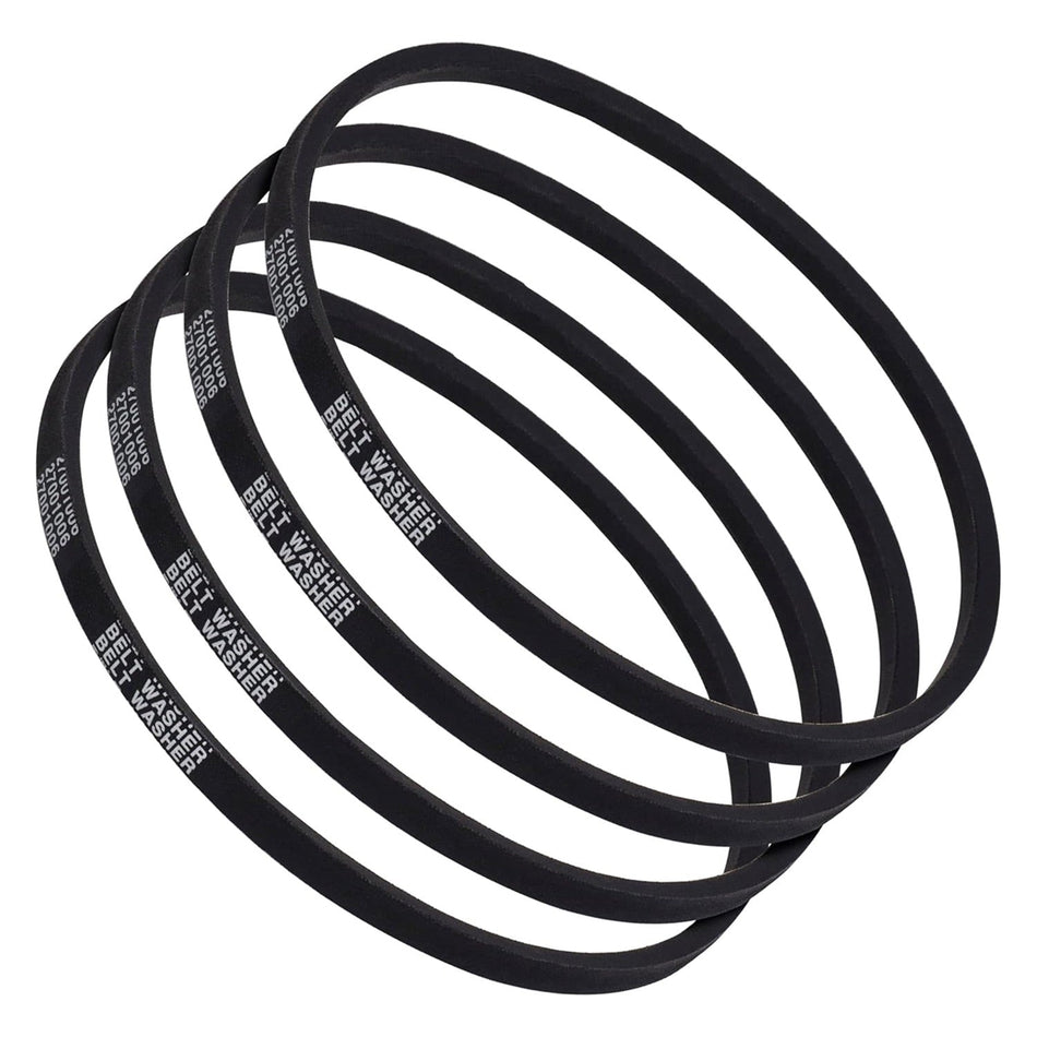 Set of four 27001006 black rubber washer drive belts for Amana, Maytag, and Speed Queen washing machines.