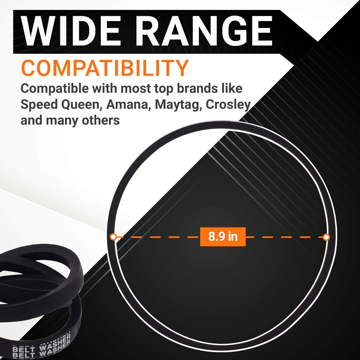 Infographic showing 8.9-inch diameter of 27001006 washer drive belt compatible with Amana, Maytag, and Speed Queen.
