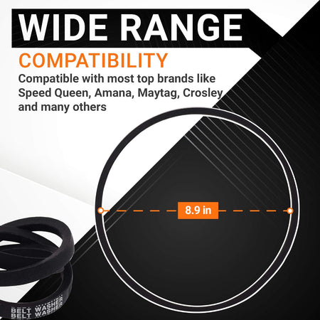 Infographic showing 8.9-inch diameter of 27001006 washer drive belt compatible with Amana, Maytag, and Speed Queen.