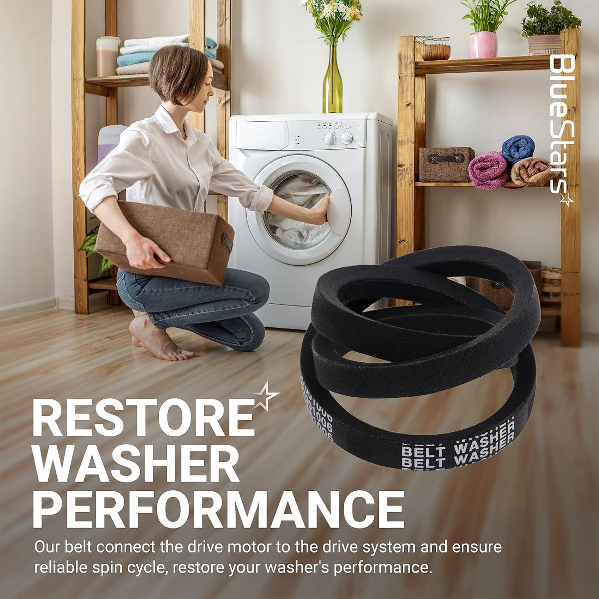 27001006 Washer Drive Belt shown coiled in front of a washing machine with restore washer performance text