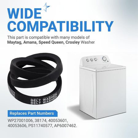 27001006 Washer Drive Belt compatibility graphic showing belts, a top-load washer, and replacement part numbers