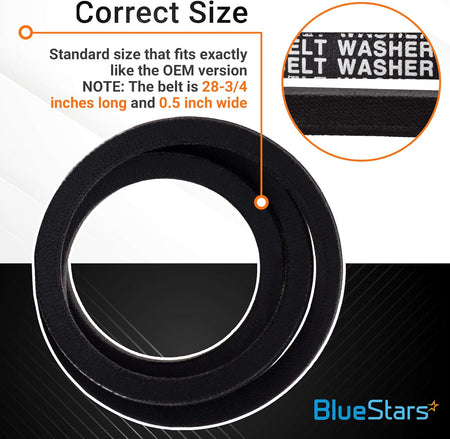 27001006 washer drive belt showing dimensions of 28-3/4 inches long and 0.5 inch wide with close-up detail.