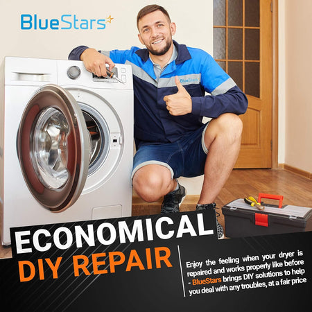 Technician performing DIY repair on a washing machine with BlueStars branding.
