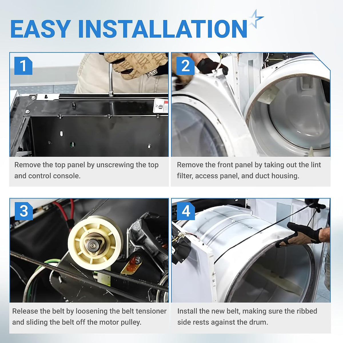 27001006 Washer Drive Belt - Easy installation diagram showing panel removal, belt release, and new belt installation.