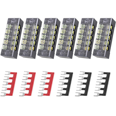 Six 5-position 600V 15A terminal strip blocks with red and black pre-insulated fork-style jumper terminals.