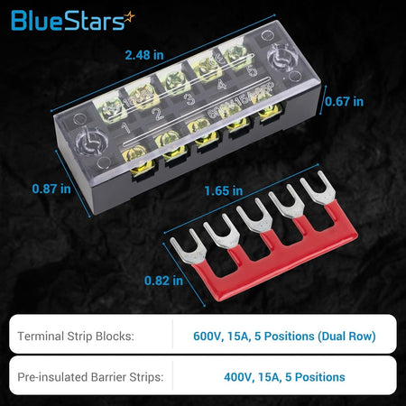 5-position 600V 15A terminal strip block with red pre-insulated fork-type barrier strip jumper.