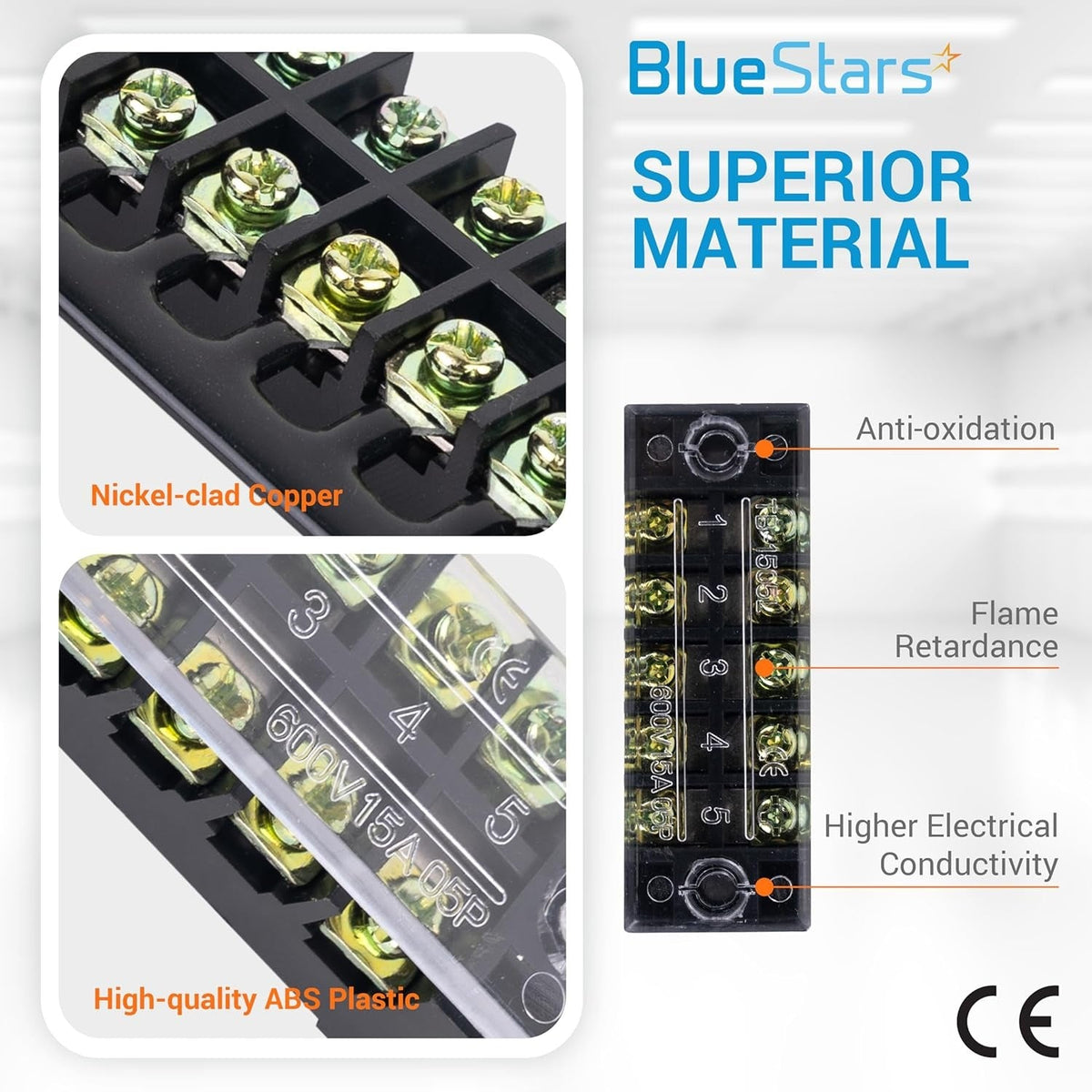 5-position 600V 15A terminal strip block with nickel-clad copper and ABS plastic construction.
