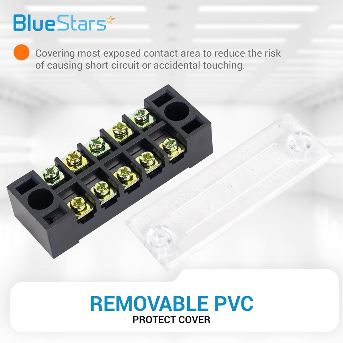 5-position terminal strip block with removable clear PVC protective cover for electrical safety.