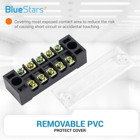 5-position terminal strip block with removable clear PVC protective cover for electrical safety.