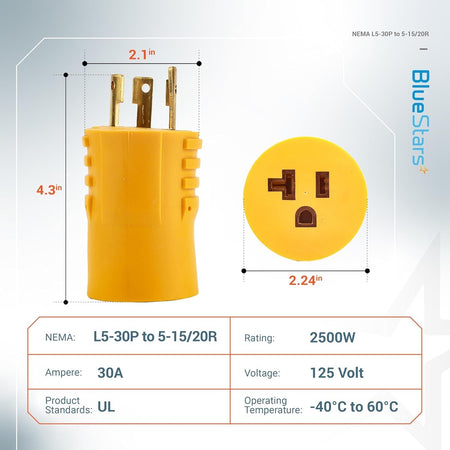 Technical diagram of L5-30P to 5-15/20R power adapter showing dimensions, specifications, and plug orientation.