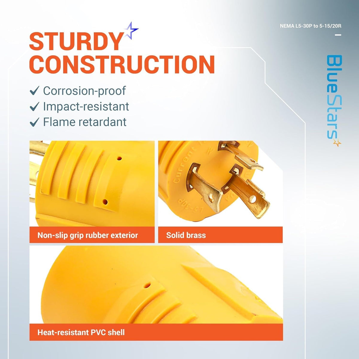 Infographic showing construction features of L5-30P to 5-15/20R adapter with non-slip grip, brass prongs, and PVC shell.