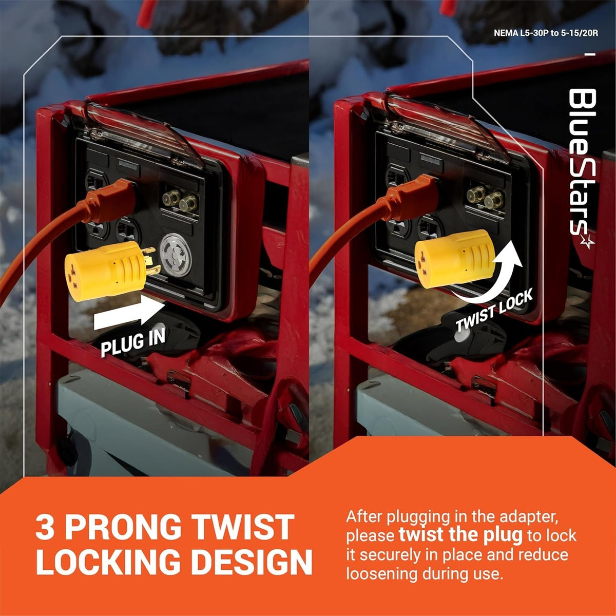 Instructional graphic showing L5-30P to 5-15/20R adapter being plugged into a generator and twist-locked for security.