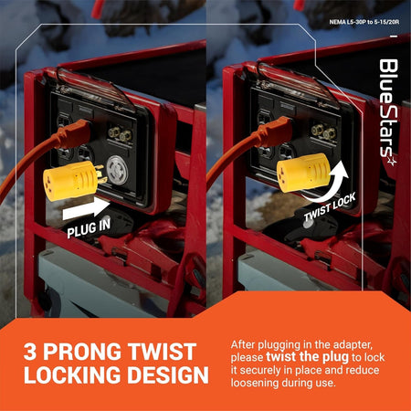 Instructional graphic showing L5-30P to 5-15/20R adapter being plugged into a generator and twist-locked for security.