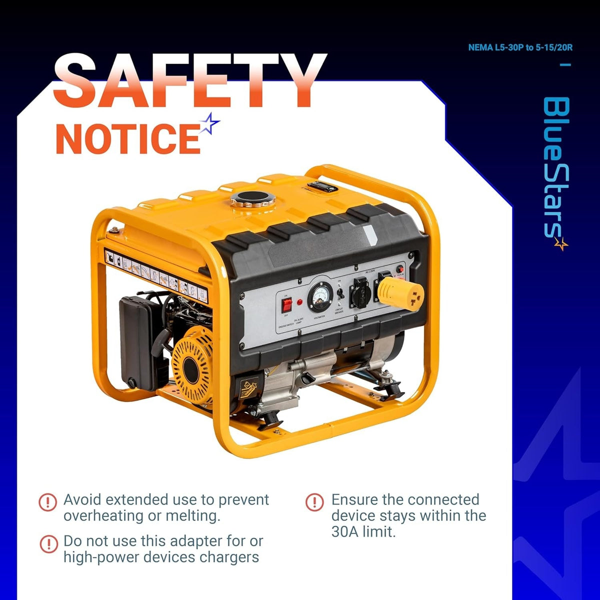 L5-30P to 5-15/20R adapter plugged into a portable generator with safety usage instructions.