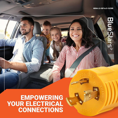 Close-up of a yellow NEMA L5-30P locking plug adapter for electrical connections.
