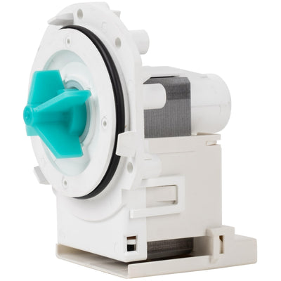 Replacement dishwasher drain pump with teal impeller for Frigidaire and Kenmore appliances.