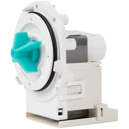Replacement dishwasher drain pump with teal impeller for Frigidaire and Kenmore appliances.