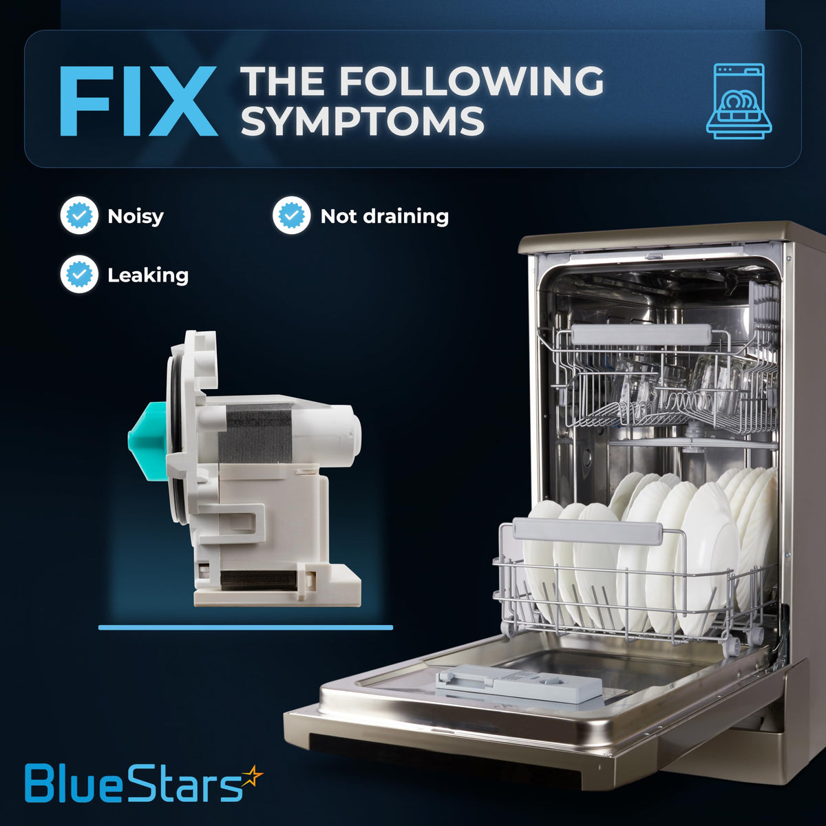 Dishwasher drain pump replacement showing symptoms fixed like noisy, leaking, or not draining operation.