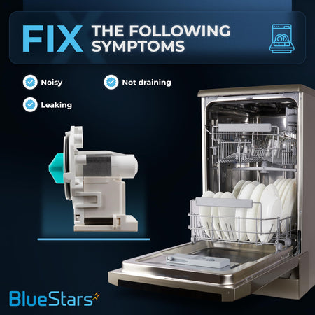 Dishwasher drain pump replacement showing symptoms fixed like noisy, leaking, or not draining operation.