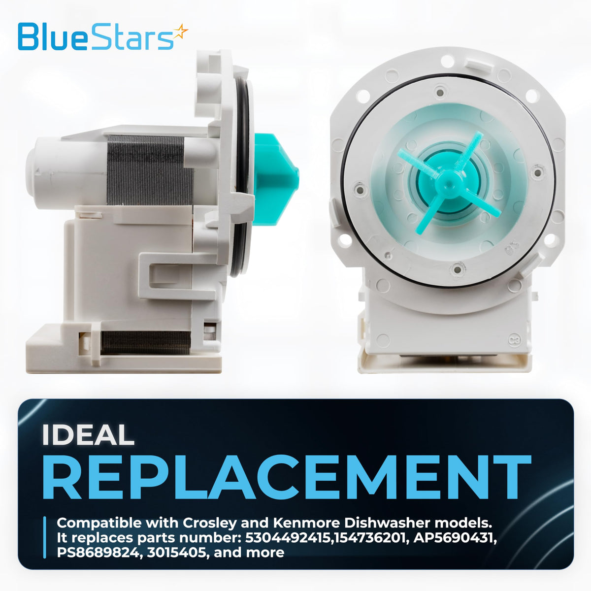 Side and front view of a dishwasher drain pump replacement for Frigidaire, Kenmore, and Crosley appliances.
