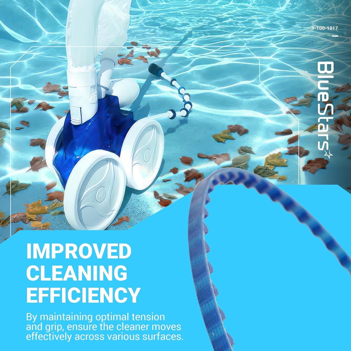 Replacement belt for Polaris 360 and 380 pool cleaners shown with cleaner in water.