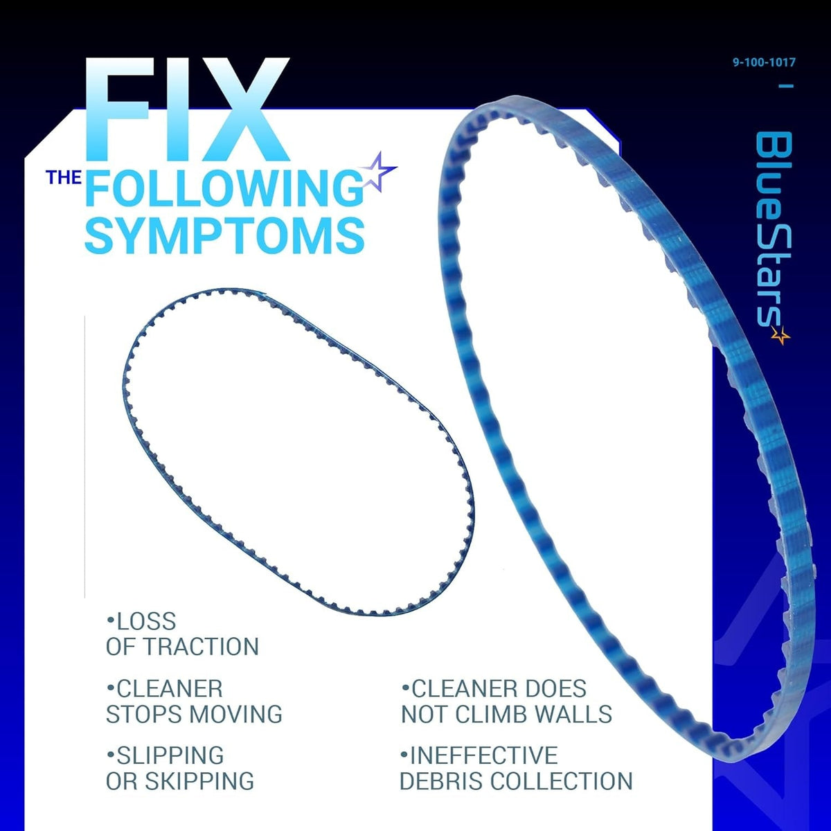 Small and large replacement belts for Polaris 360 and 380 pool cleaners shown on an informational symptom chart.