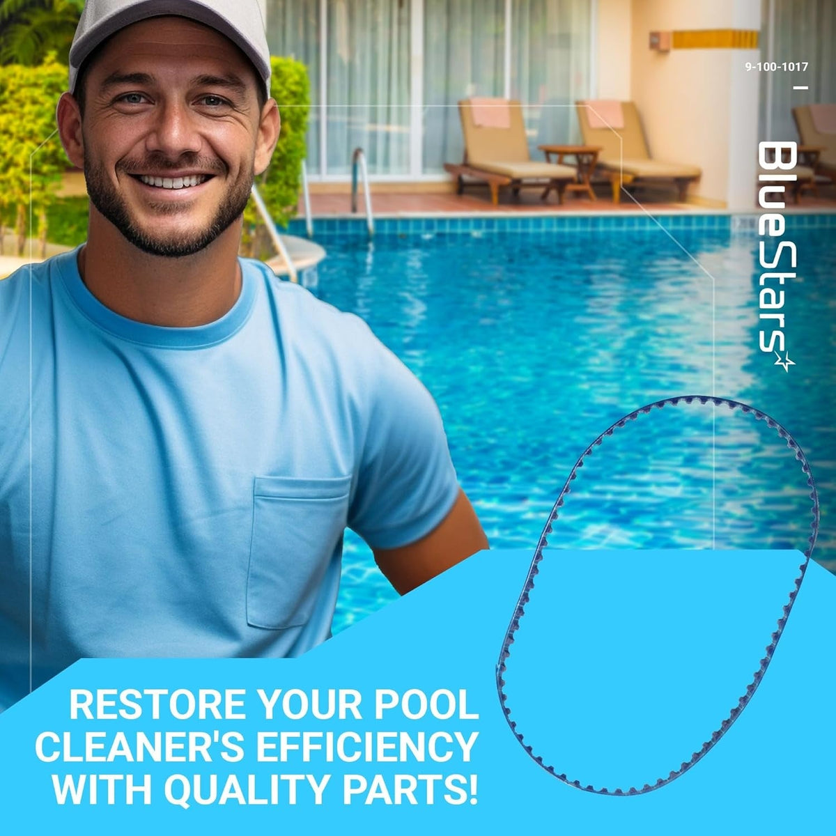 Replacement belt for Polaris 360 and 380 pool cleaners shown in a promotional graphic with a technician.