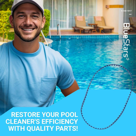 Replacement belt for Polaris 360 and 380 pool cleaners shown in a promotional graphic with a technician.