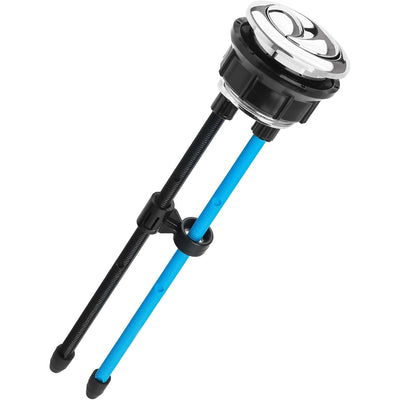 Chrome dual flush toilet push button with adjustable black and blue rods for water tank.