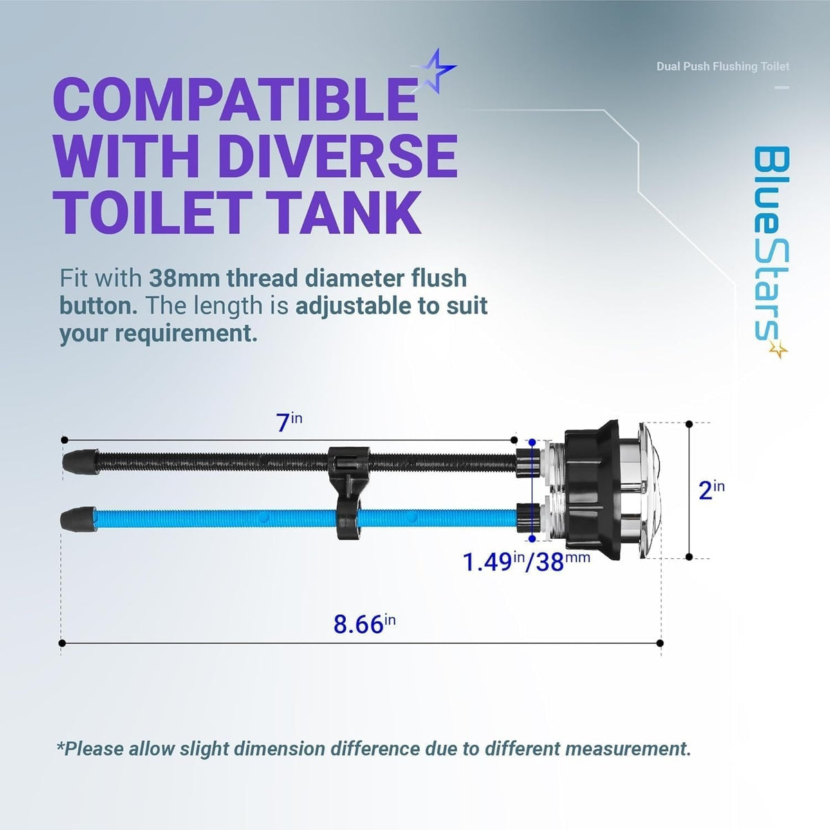Dimensional diagram of a 38mm dual flush toilet tank button with adjustable rod lengths.