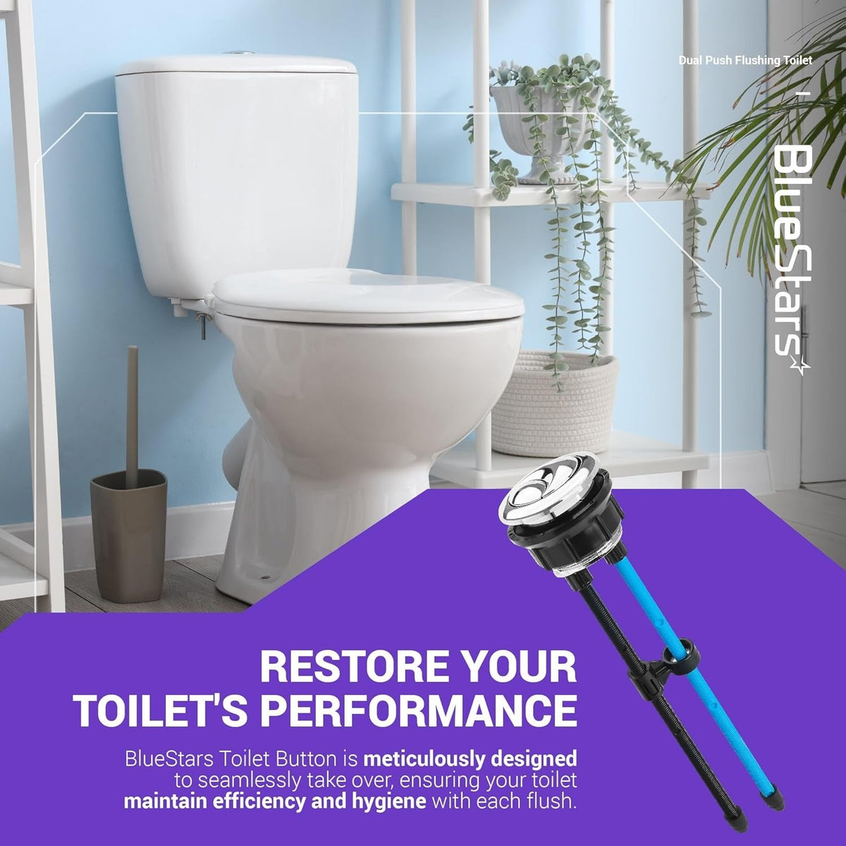 38mm dual push toilet water tank button with adjustable rods shown in a promotional product graphic.