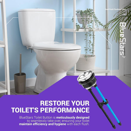 38mm dual push toilet water tank button with adjustable rods shown in a promotional product graphic.