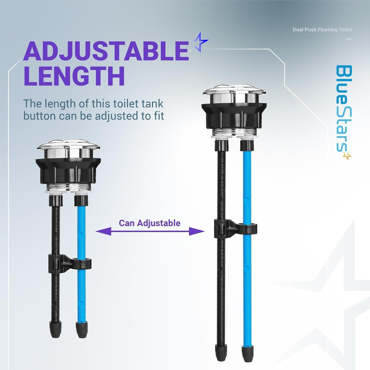 Dual push toilet tank button with adjustable length rods for custom fit installation.