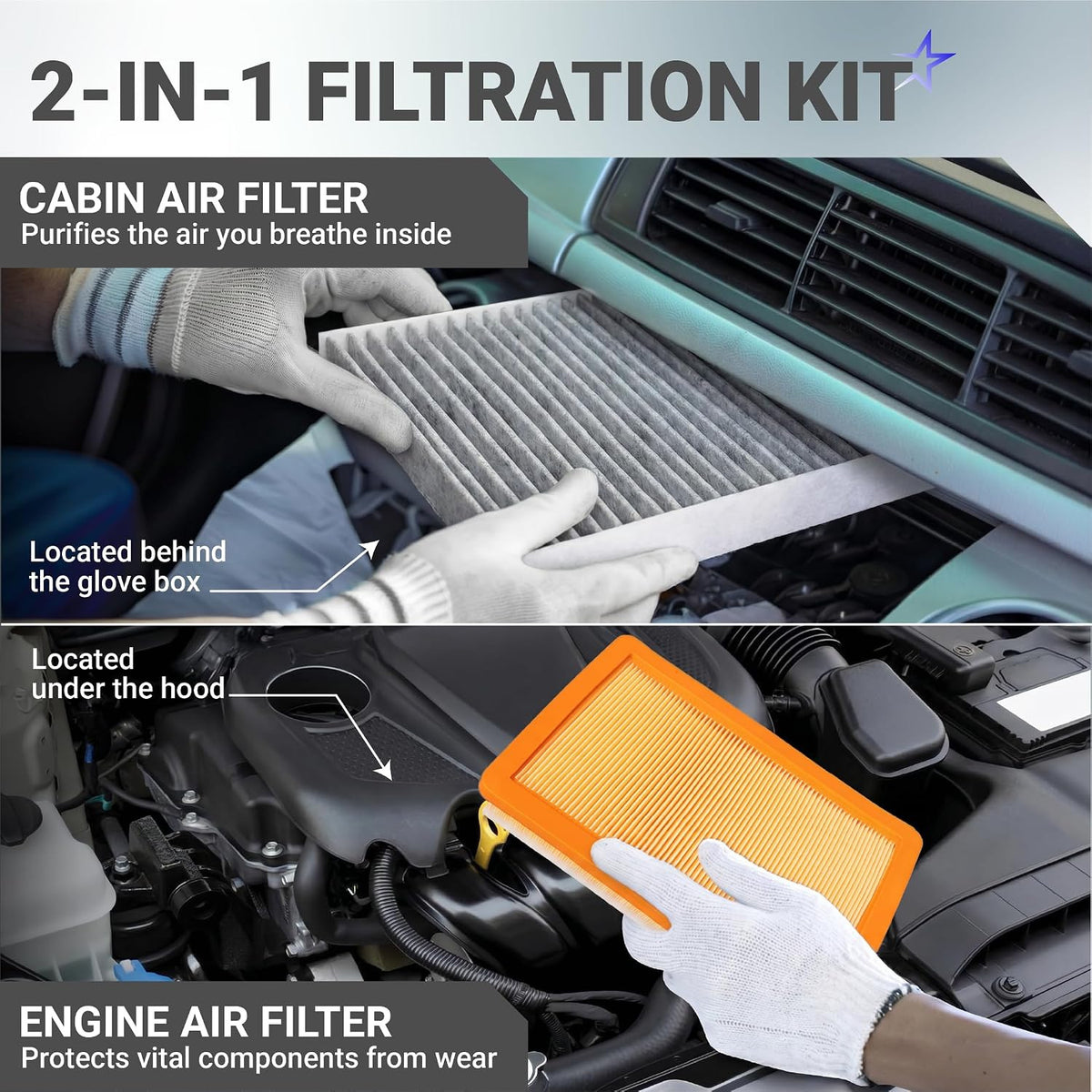 CF11966 Cabin Air Filter + CA12260 Engine Air Filter Kit, cabin filter behind glove box and engine filter under hood