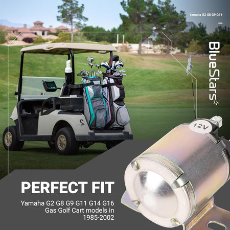 12V 4-terminal starter solenoid for Yamaha gas golf carts, shown in a promotional graphic with a golf cart background.